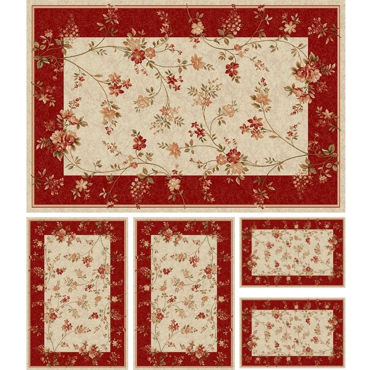 Delta Carpet Szőnyeg készlet, 5 darabos, 2 darab 60 x 110 cm, 2 darab 80 x 150 cm, 1 db 160 x 230 cm, krém-piros