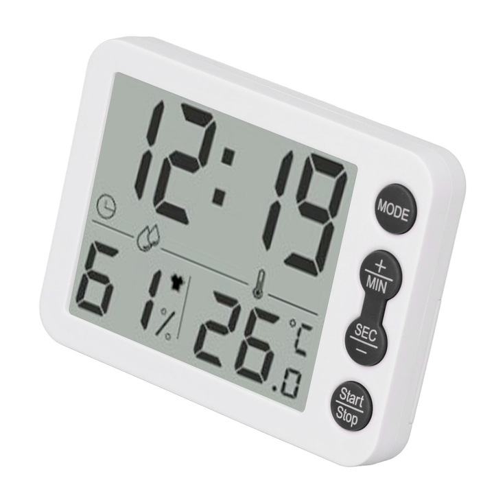 Многофункционален дигитален термометър с влажност и температура, Mmgoqqt, аларма, голям дисплей, бял