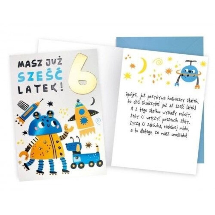 Felicitare Urodziny 6 roboty, Kukartka, 145x195mm, interior colorat, cu plic asortat