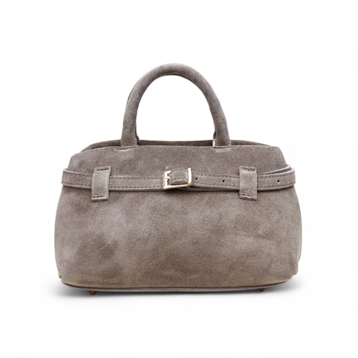 Geanta de mana Moranti din piele de caprioara, maro cappuccino, 1 buzunar, stil casual