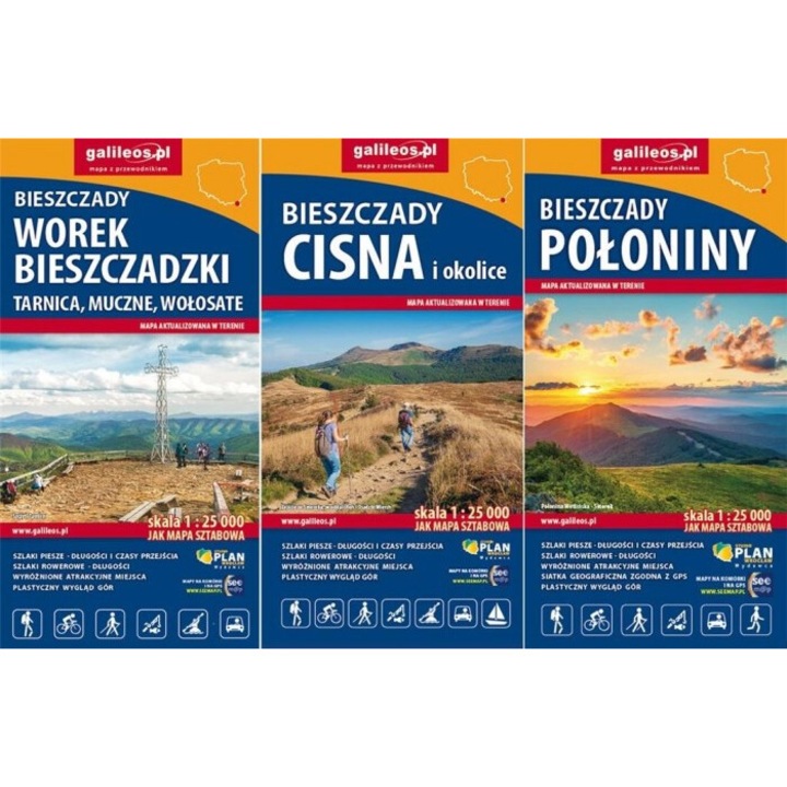 Bieszczady - set 3 harti turistice, Plan, 1:25.000, format 98x67cm, 2022-2023