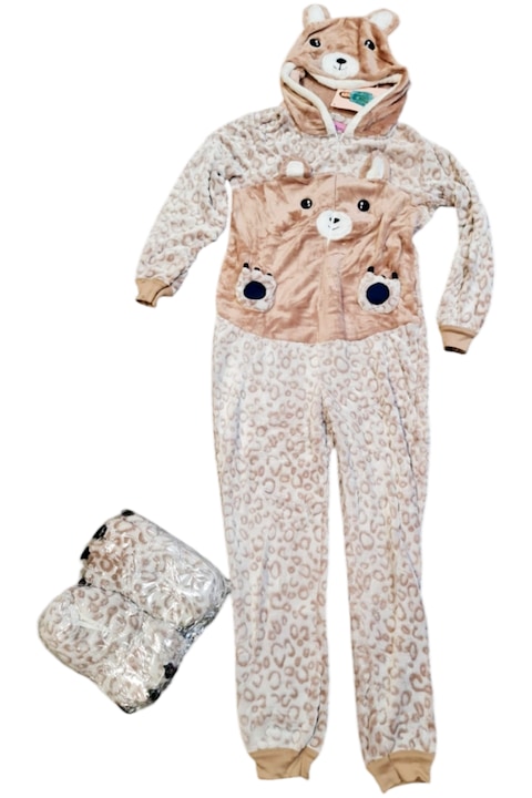 Set salopeta Kigurumi cu papuci asortati, StarFashion, model cu fermoar si gluga, Maro