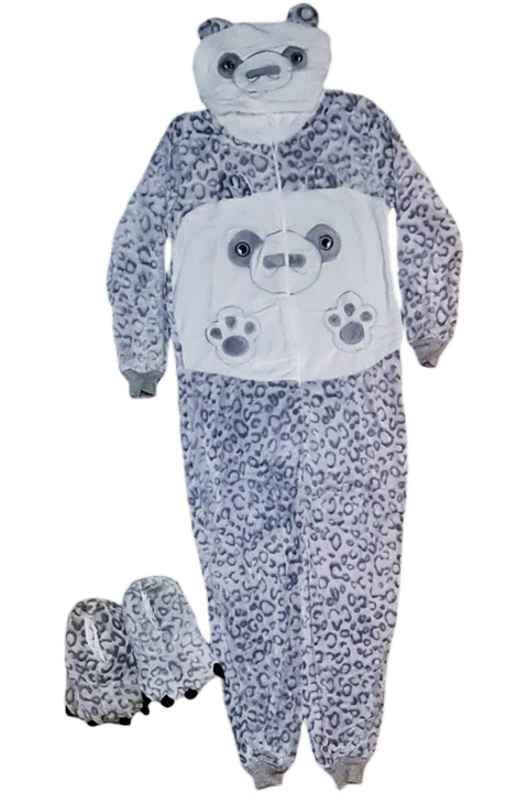 Set salopeta Kigurumi cu papuci asortati, StarFashion, model cu fermoar si gluga, Gri