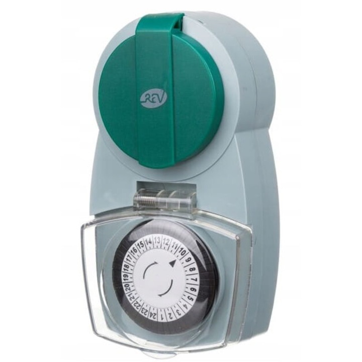Programator mecanic IP44 3600W, verde-gri, pentru utilizare interioara si exterioara, cu protectie pentru copii