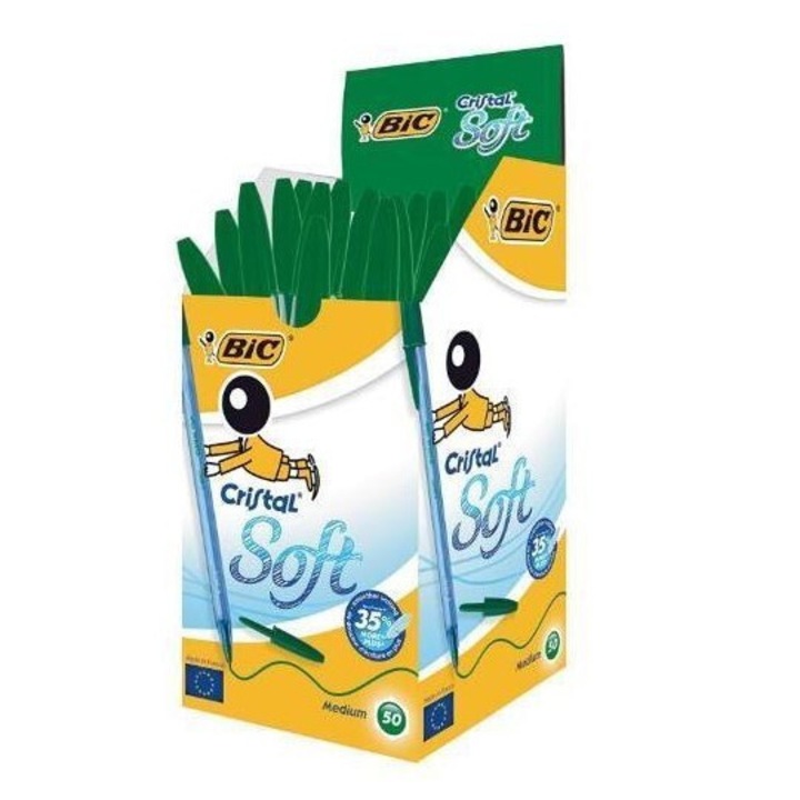 Set 50 Pixuri BIC Cristal Soft, verde, 1,2 mm, 0,35 mm
