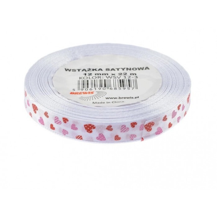 Fasie satinata alba cu inimioare, 12mmx22m, set, Brewis