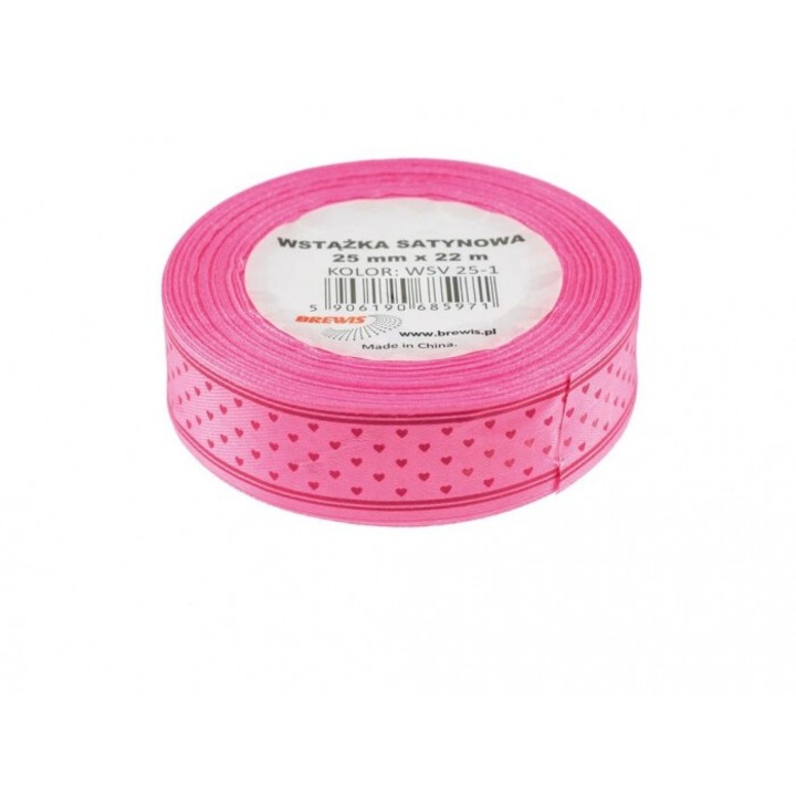 Rózsaszín szatén szalag szívecskékkel, 25mmx22m, szett, Brewis