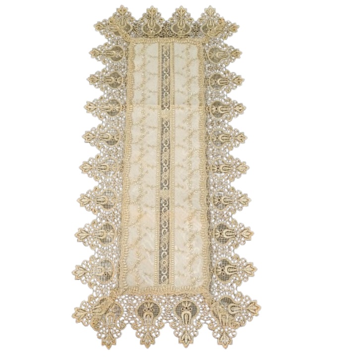 Fata de masa, traversa, dantelata, brodata, poliester, bej, 40x90 cm
