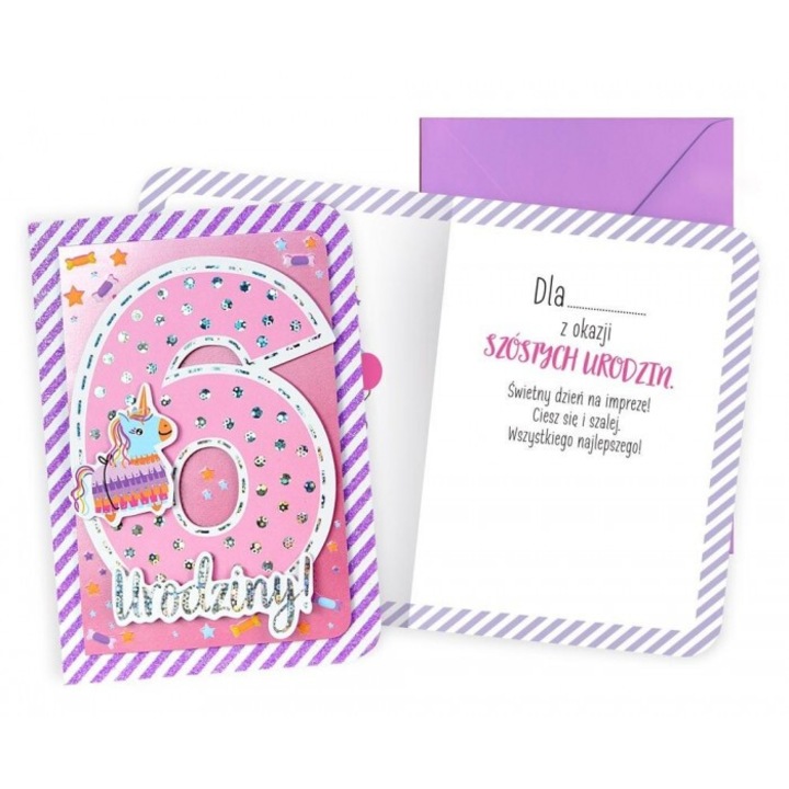 Felicitare B6 Kukartka Urodziny 6 fetite, colorata, cu decoruri variate, 16.6x11.7cm, set cu envelopa