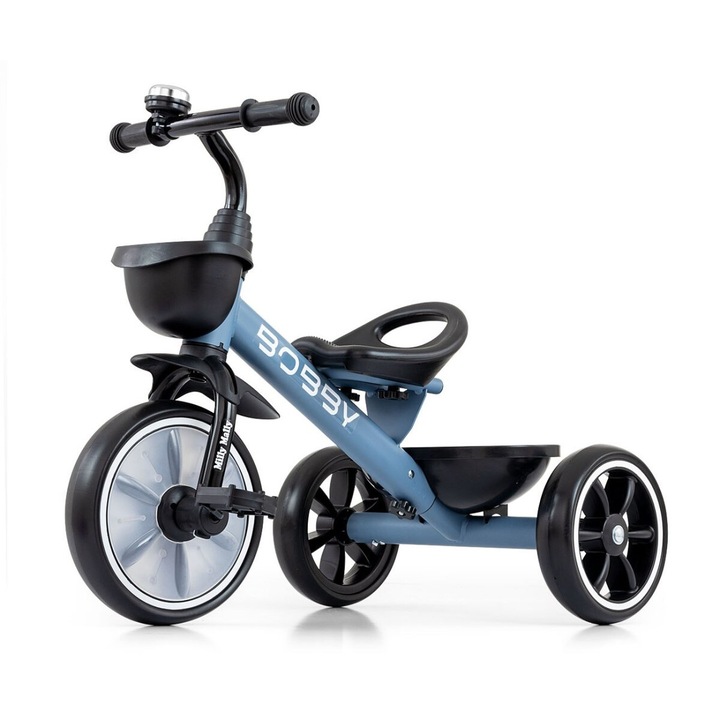 Tricicleta clasica Milly Mally Bobby cu sonerie si cosuri de accesorii, Denim
