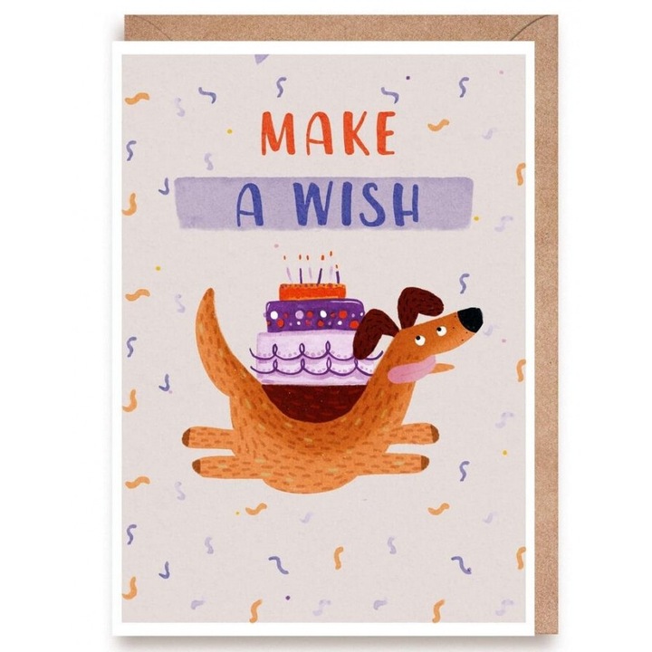 Felicitare de ziua de nastere, Cardie, Pies Make a wish, A6, 105x148mm, ecologica