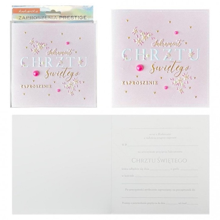 Премиум покана за кръщене, Kukartka, комплект 5 броя, 14,5x14,5 см, с перли и брокат, 2023