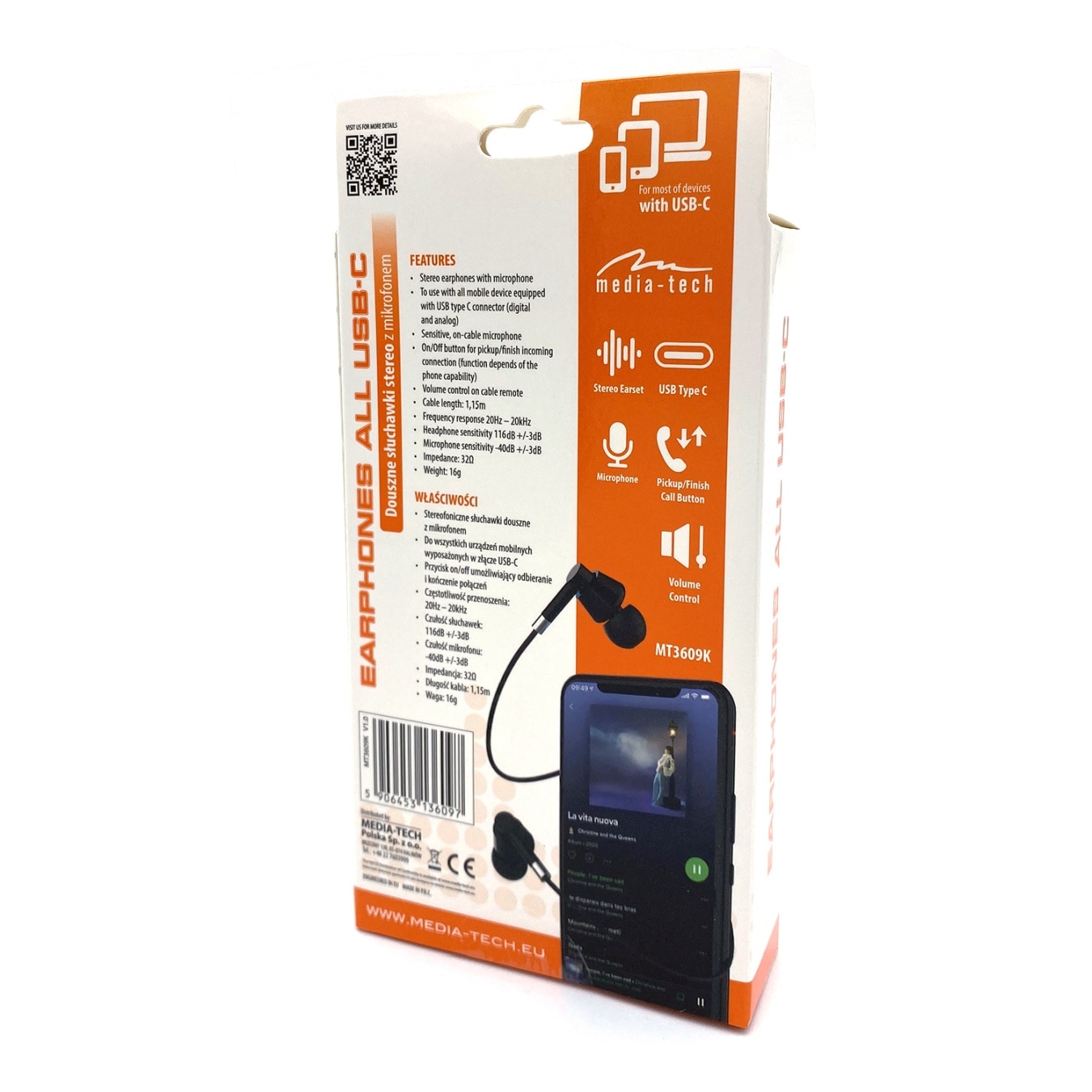 Casti cu fir, Media-Tech, USB-C, Cu microfon, Negru