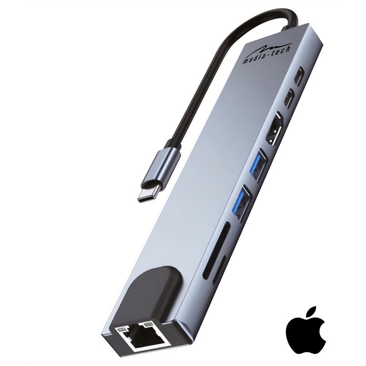 Media-Tech 8 в 1 USB-C хъб, RJ45 1000 Mbps, HDMI 4K, SD/microSD