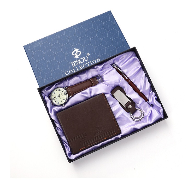 Férfi karóra, pénztárca, toll, kulcstartó, 4 darabos szett