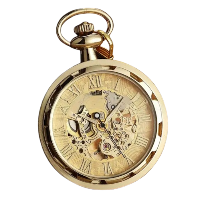 Zsebóra, Gorben, Klasszikus, Vintage, Csontváz, Mechanikus, Lánc, Római számokkal, Arany