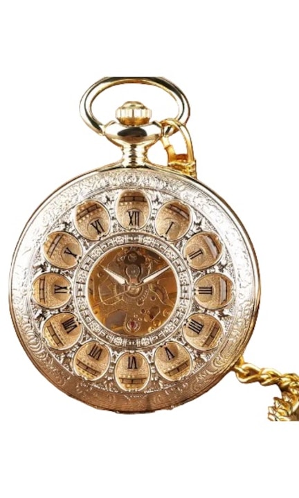 Zsebóra, Gorben, Classic, Vintage, Skeleton, Mechanikus, Láncos, Arany