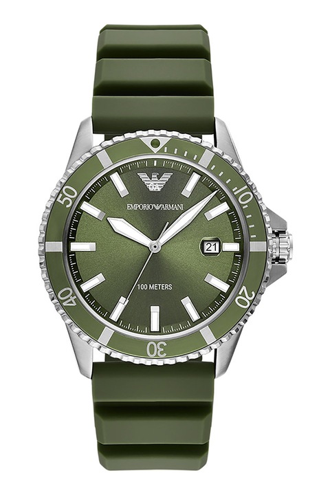 Emporio Armani, Часовник със силиконова каишка, Сребрист, Каки