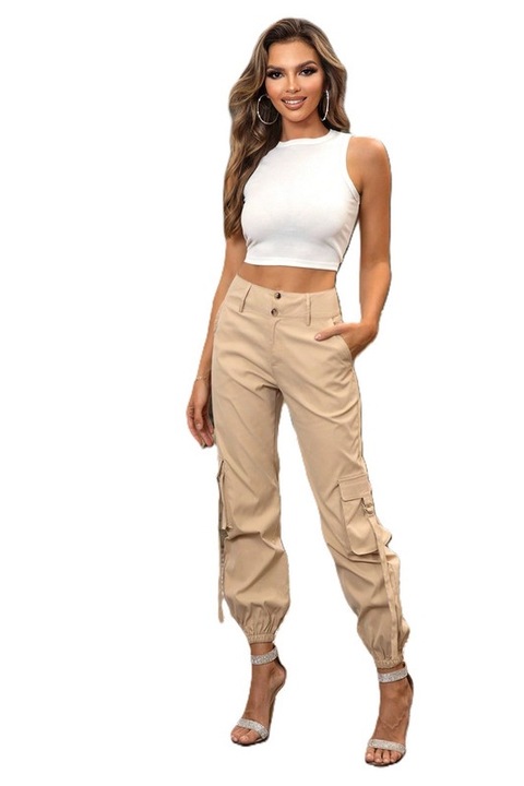 Pantaloni Dama, Talie Inalta, Tip Cargo Cu Buzunare Laterale, Kaki