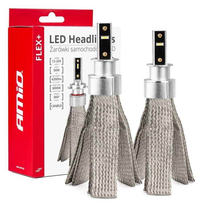 LED крушки H3, AMIO, FLEX+ SERIES 6000K 50W, Комплект от 2 броя, 12V/24V