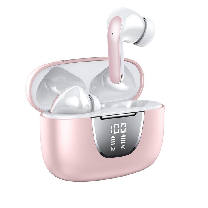 Vezeték nélküli fejhallgató, érintőképernyős vezérlés, audio, vezeték nélküli, digitális kijelző, rózsaszín