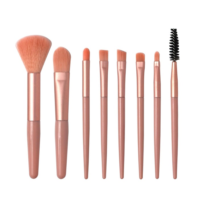 Set pensule machiaj KUNSANM, 8 bucati, portabil, bristles moi, culoare portocalie