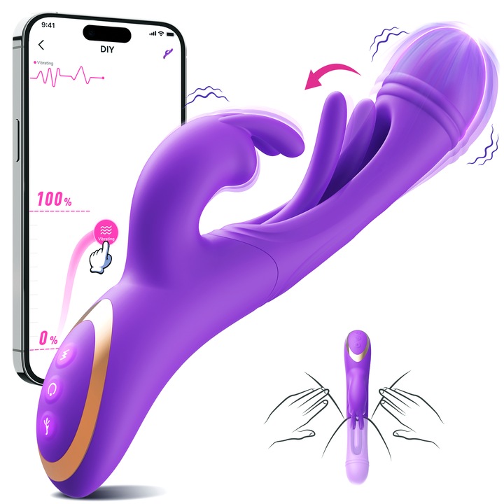 Toieenk Rabbit Vibrátor, 3 stimuláció, APP távirányító, többféle vibrációs mód, szilikon, újratölthető USB, lila, 23,9 cm