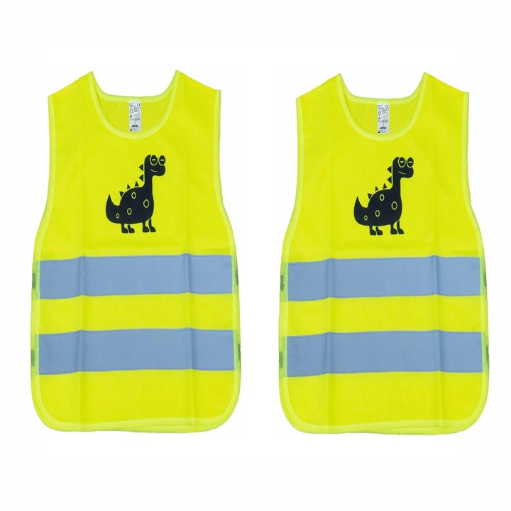Set 2xVeste reflectorizante copii 4-12 ani, Galbene model dinozaur