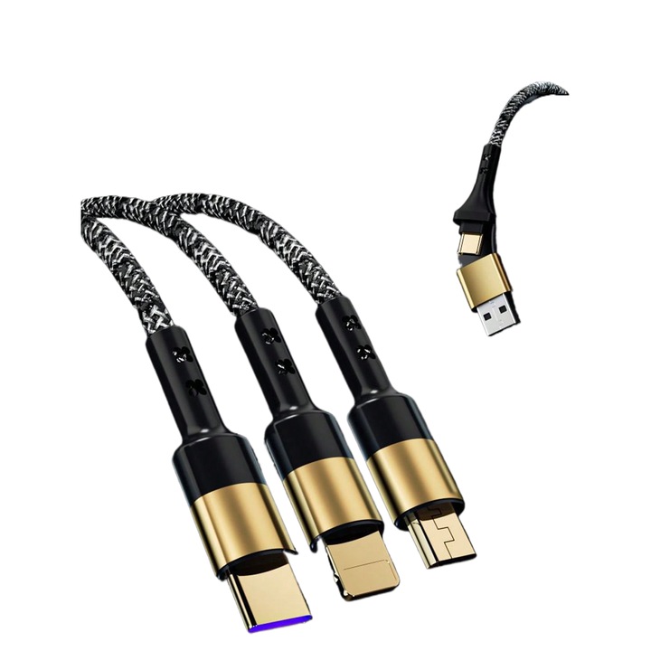 Cablu de incarcare rapida 3-in-1 100W, 200 cm, compatibil Apple, Micro USB, Type C