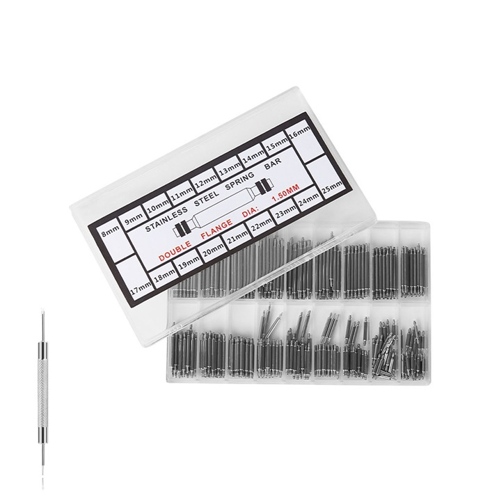 Комплект щифтове за каишка за часовник от 360 части, SINBINTA, с пружинен инструмент, Водоустойчив и няма да ръждясва или корозира лесно с дълъг експлоатационен живот, За часовникар и сервиз за часовници, Неръждаема стомана, 8-25 мм, Сребро