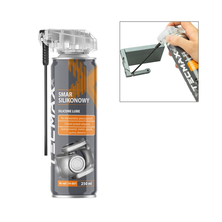Spray vaselina siliconica cu aplicator pentru metal, cauciuc, plastic, lemn, Tecmaxx, 250 ml, rezistenta la apa