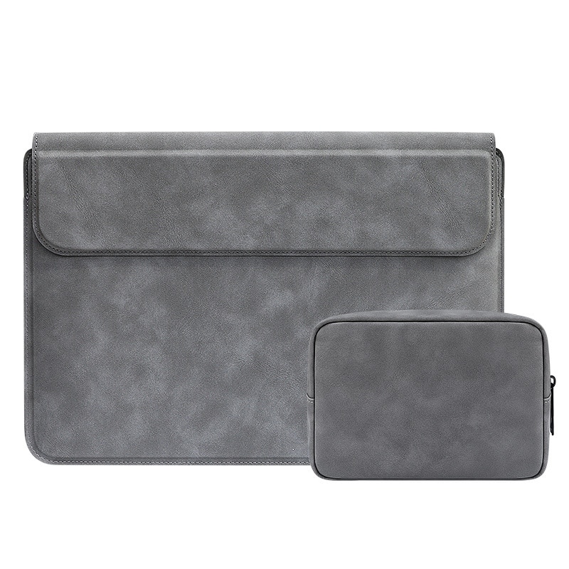 Geanta laptop, husa din piele cu suport multifunctional, rezistenta la apa si la uzura, protectie la soc, universala pentru 13, 3 inchi, 14, 1 inchi, 15, 4 inchi, cu geanta mica, gri inchis
