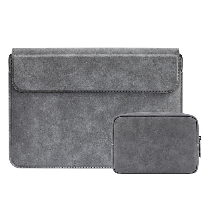 Geanta laptop, husa din piele cu suport multifunctional, rezistenta la apa si la uzura, protectie la soc, universala pentru 13, 3 inchi, 14, 1 inchi, 15, 4 inchi, cu geanta mica, gri inchis