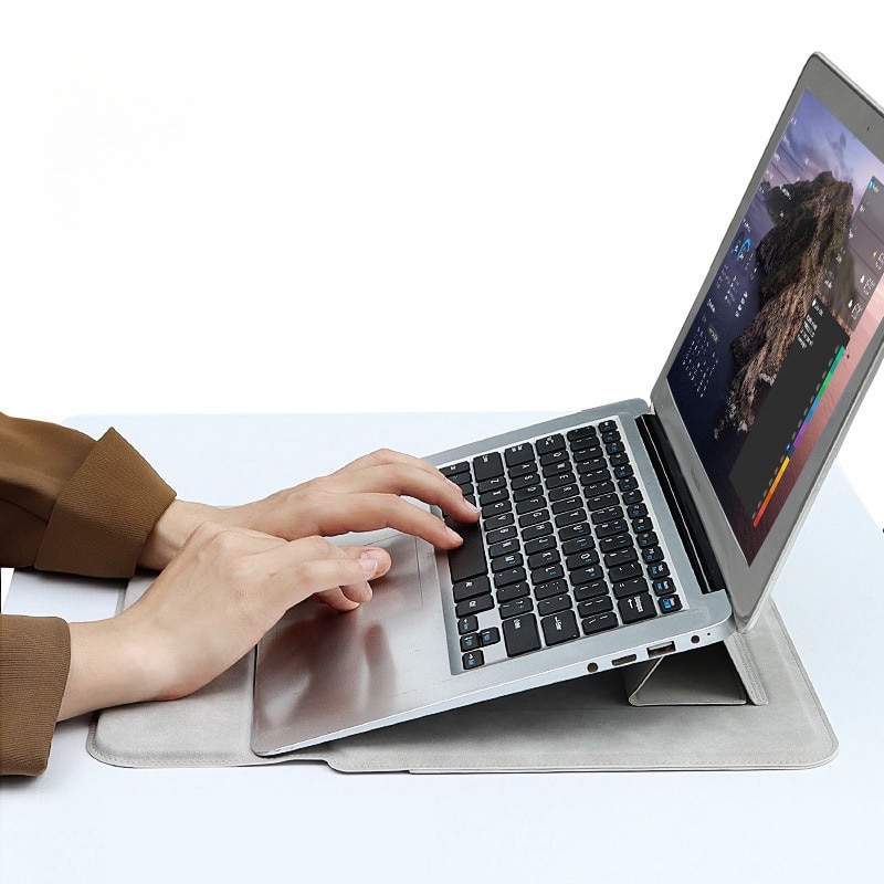 Geanta laptop, husa din piele cu suport multifunctional, rezistenta la apa si la uzura, protectie la soc, universala pentru 13, 3 inchi, 14, 1 inchi, 15, 4 inchi, cu geanta mica, gri inchis