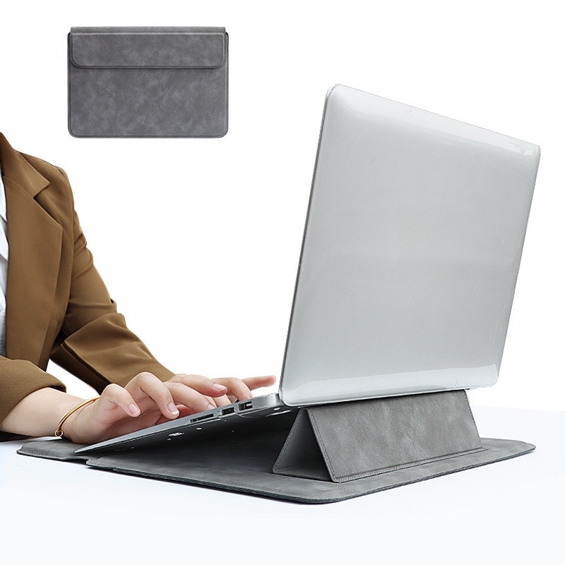 Geanta laptop, husa din piele cu suport multifunctional, rezistenta la apa si la uzura, protectie la soc, universala pentru 13, 3 inchi, 14, 1 inchi, 15, 4 inchi, cu geanta mica, gri inchis