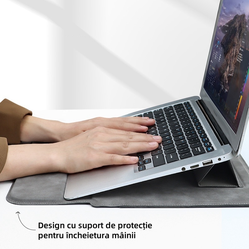 Geanta laptop, husa din piele cu suport multifunctional, rezistenta la apa si la uzura, protectie la soc, universala pentru 13, 3 inchi, 14, 1 inchi, 15, 4 inchi, cu geanta mica, gri inchis