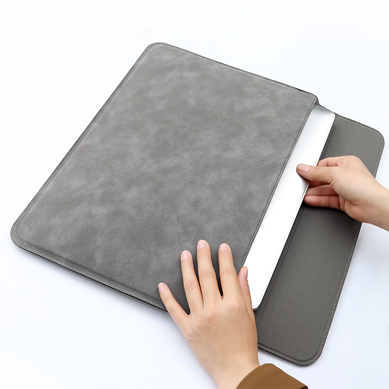 Geanta laptop, husa din piele cu suport multifunctional, rezistenta la apa si la uzura, protectie la soc, universala pentru 13, 3 inchi, 14, 1 inchi, 15, 4 inchi, cu geanta mica, gri inchis