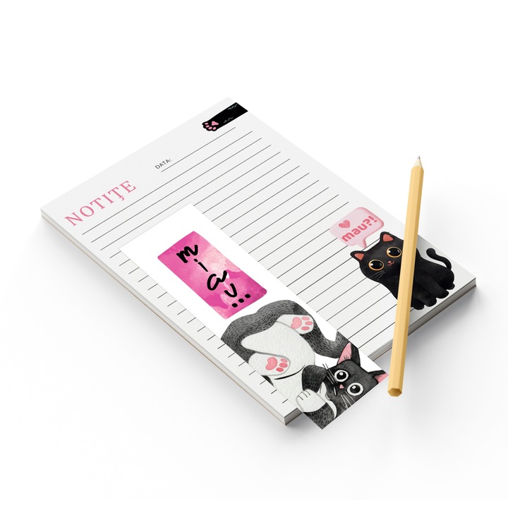 Set carnet dimensiune A5, semn de carte si creion, model pisica neagra Miau