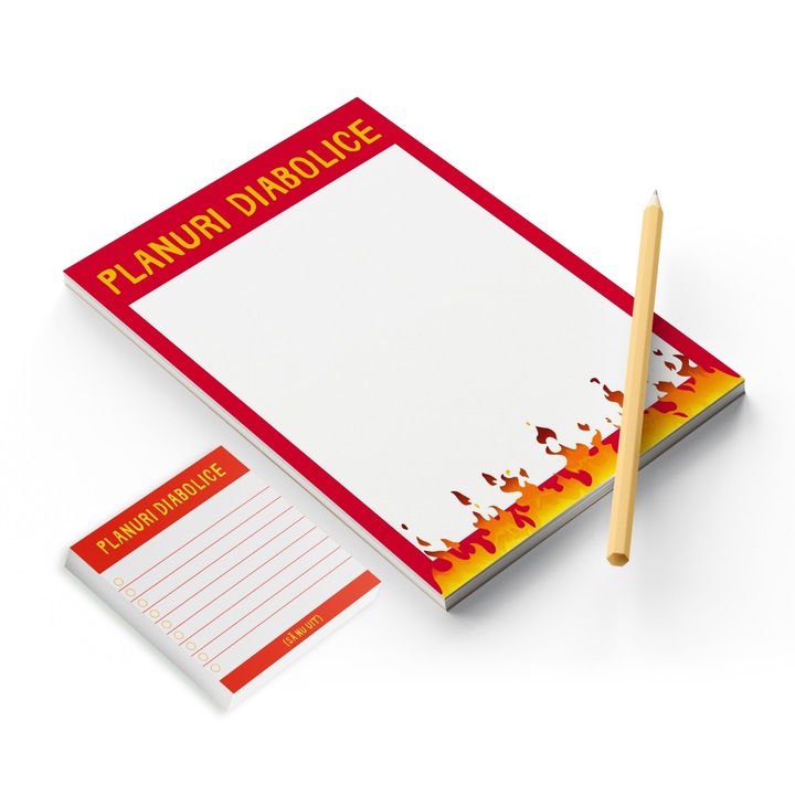 Set carnet dimensiune A5, blocnotes patrat si creion, model rosu Planuri diabolice