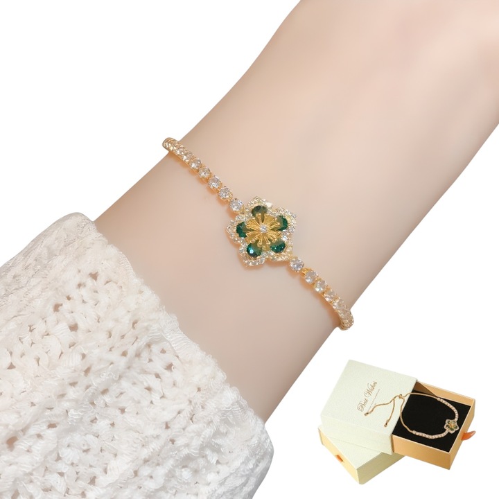 Гривна с четирилистна детелина, Регулируема, С камъни, Подаръчна кутия, Зелен/Златист