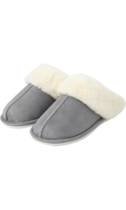 Papuci de casa, cu puf, captusiti cu blana pufoasa, talpa de cauciuc, caldurodwqfxzgi si confortabili, cu spuma cu memorie, Gri, Gri, 42-43