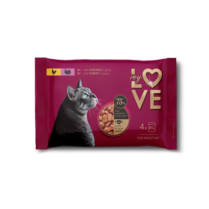 Hrana umeda completa My Love pentru pisici adulte - Pui, curcan in sos, set 4x85g