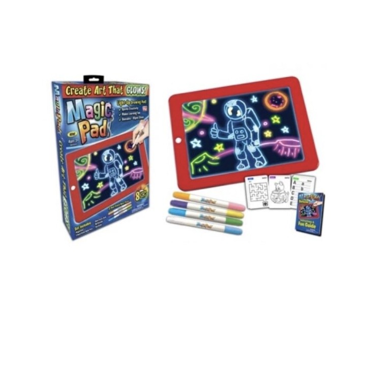 Tableta de desen interactiva, Magic Pad, cu 8 efecte luminoase, 6 pixuri neon, multicolor, + 3 ani, 25 x 19 cm, Vision XXI