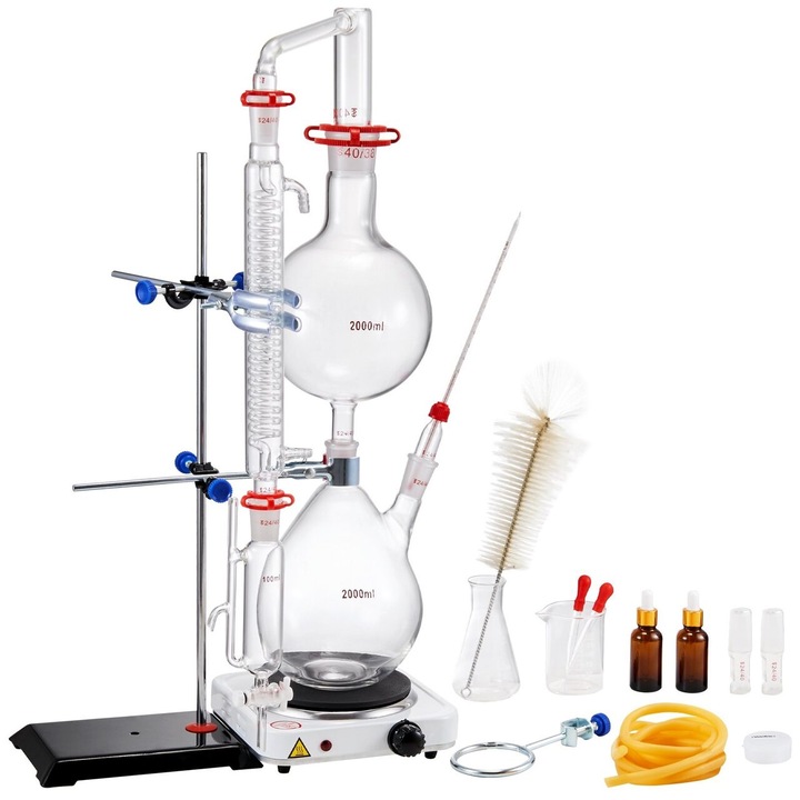 Kit de distilare uleiuri esentiale 28 piese, Plita de incalzire 1000 W, sticla borosilicate, Dimensiuni 700 x 400 x 700 mm, 2000 ml