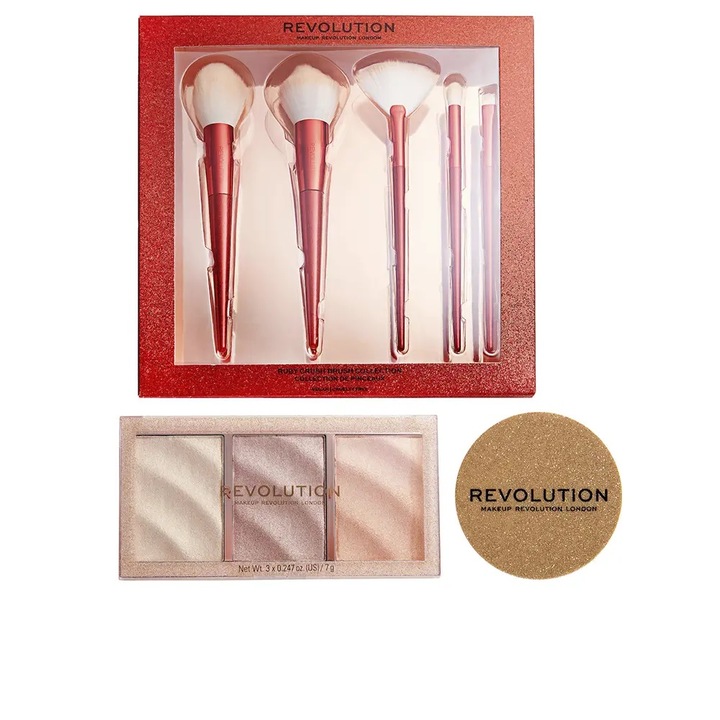 Комплект Highlighter Palette 7 g + 5 x четки за грим + илюминатор с лека текстура 5 g, Revolution Ilumiadores & Brochas