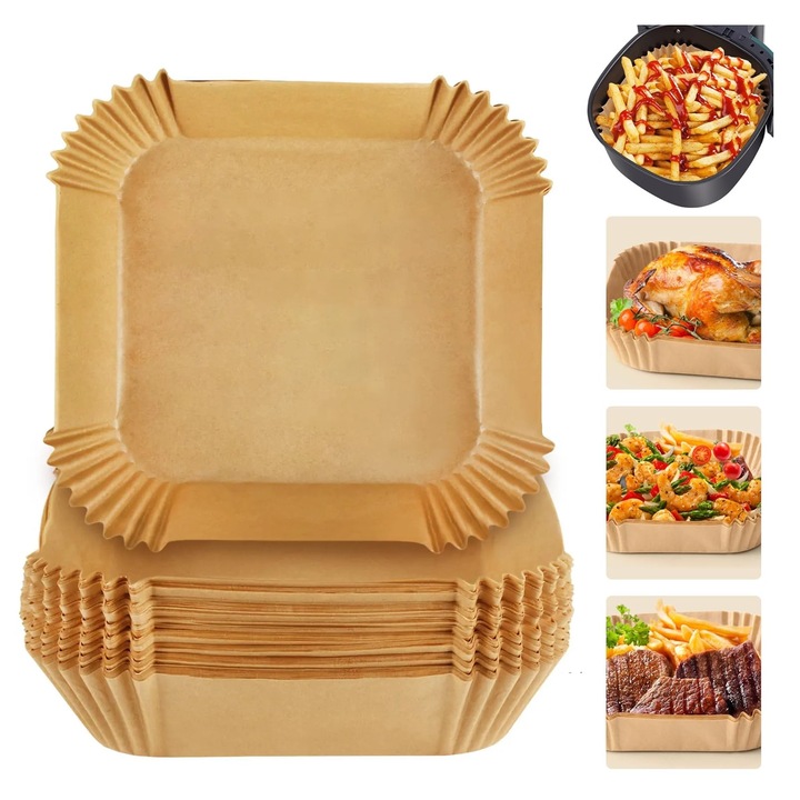 Комплект от 50 броя хартия за печене за фритюрник, фурна и фритюрник, ElectricS, кафява, термоустойчива, 20x20x4,5 см