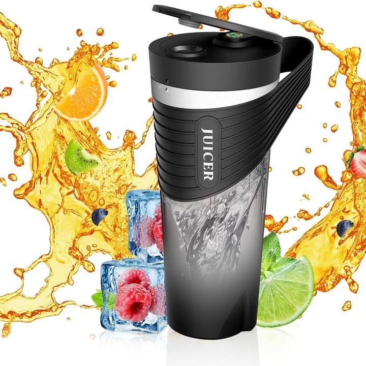 Mini Blender Electric Juicer™, Portabil, Capacitate 460ml, 20.000 RPM, Fara BPA, Baterie 4000 mAh, Auto-curatare, Pentru Sucuri Fresh, Smoothie-uri, Shake-uri, Cocktail-uri, Pudra Proteica, Rezistent la Apa IPX7, Accesorii pentru Curatat Incluse, Negru