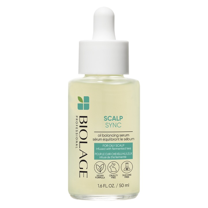 Серум Biolage Scalp Sync Oil Reset с гликолова киселина и екстракт от ферментирал чай, Абсорбира излишния себум и го предотвратява, за чист и свеж скалп, 50 мл