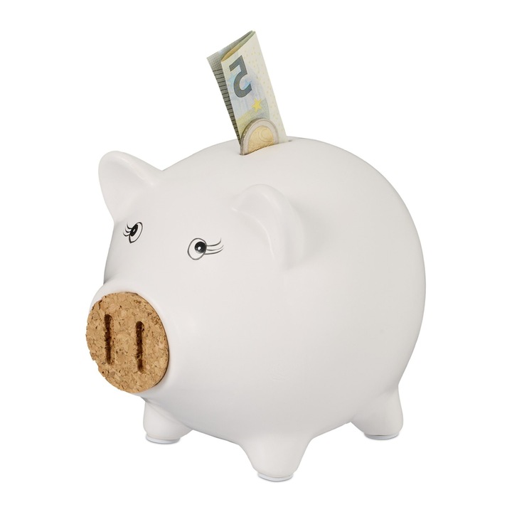 Pusculita Porcusor Alb cu Nas din Pluta, Economii pentru Urgente, Cadou pentru Copii si Adulti, 15.5 x 19 cm