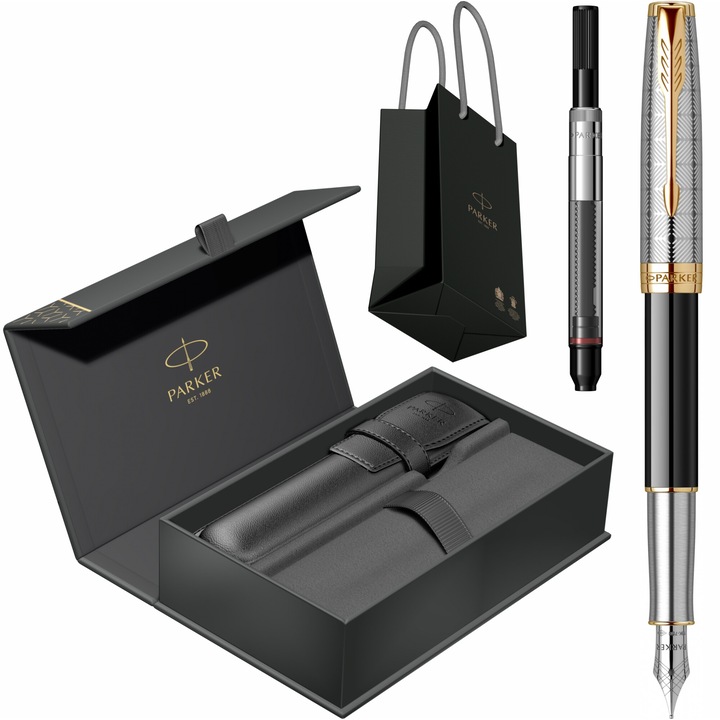Stilou Parker Sonnet Royal Metal & Black GT cu penita din aur de 18k, convertor DeLuxe montat, in cutie cu etui Royal IV Collection si punga Parker